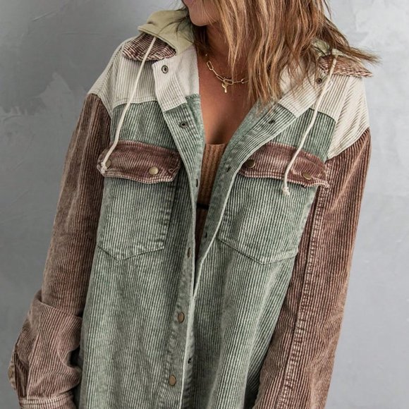 Green Casual Womens Pocket Drop Shoulder Raw Hem Drawstring Hooded Corduroy Coat - Picture 3 of 7